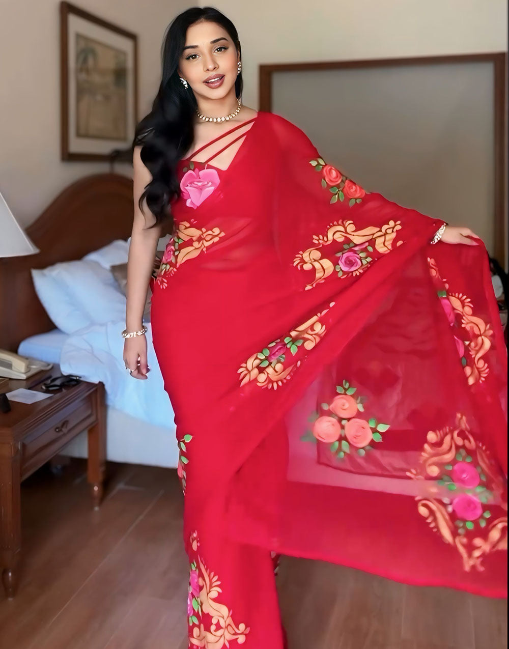 Red Georgette Ready To Wear Saree With Printed Work