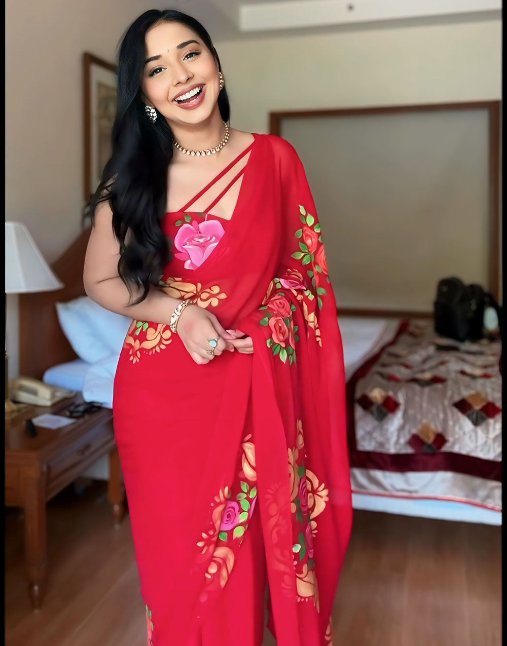 Red Georgette Ready To Wear Saree With Printed Work