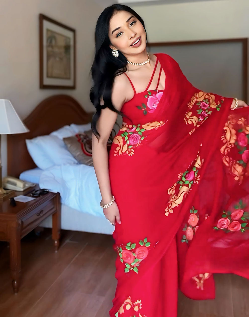 Red Georgette Ready To Wear Saree With Printed Work