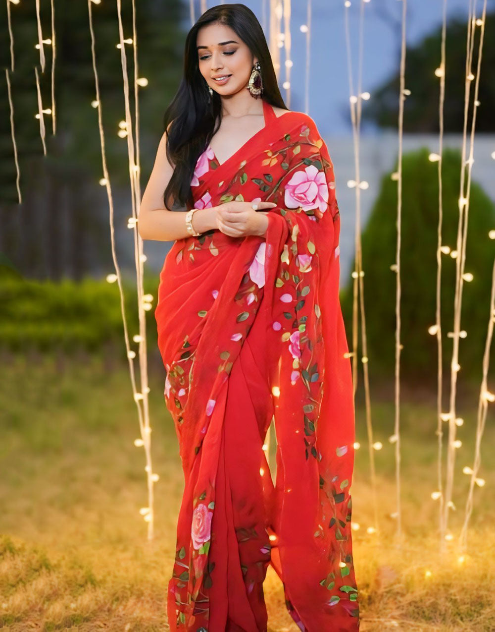 Rose Red Georgette Ready To Wear Saree With Printed Work