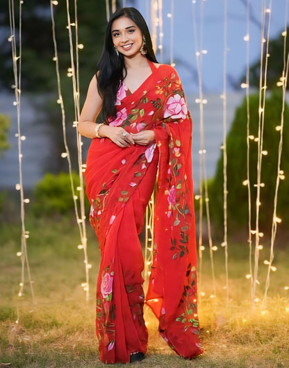 Rose Red Georgette Ready To Wear Saree With Printed Work