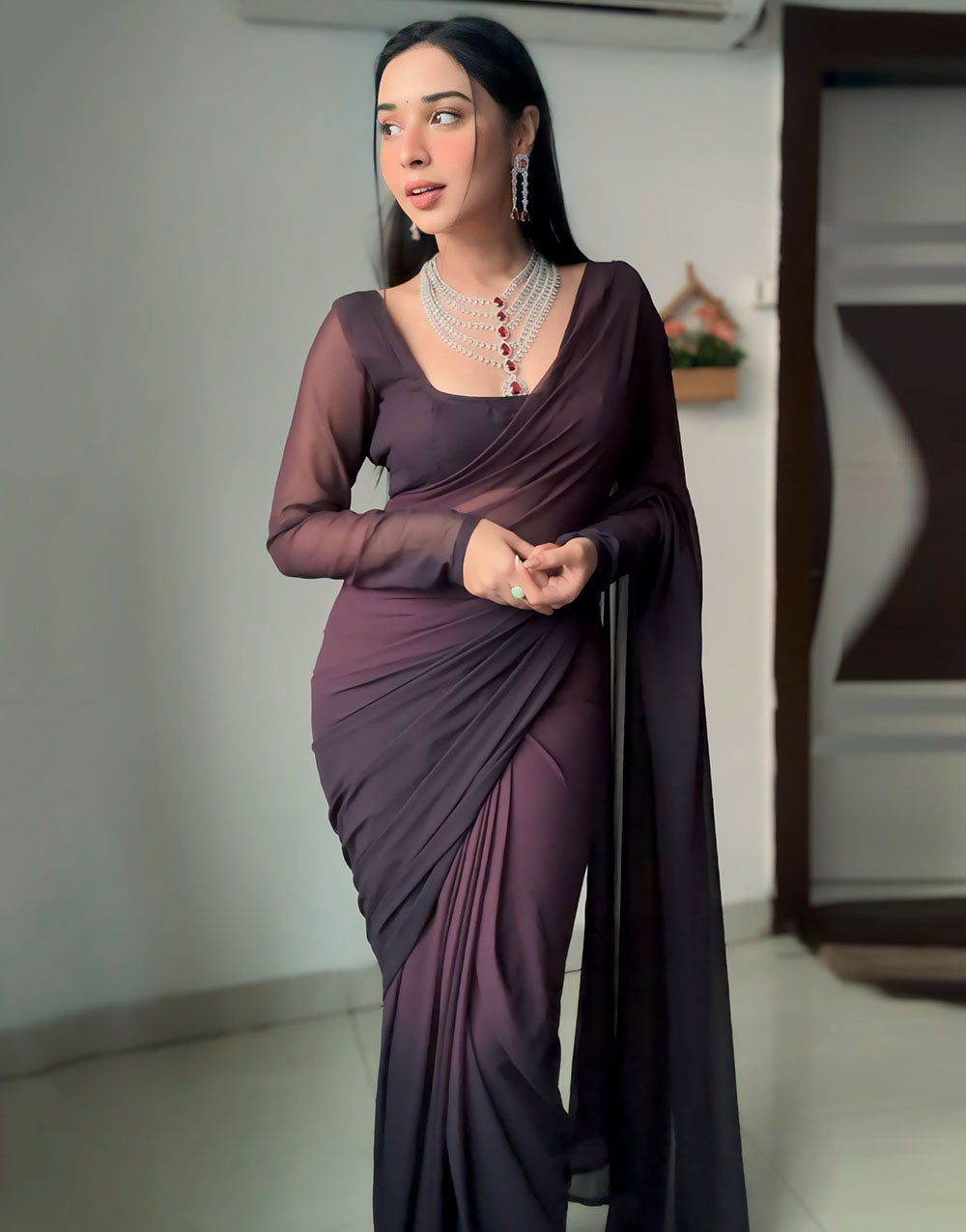 Dark Brown Georgette Ready To Wear Saree