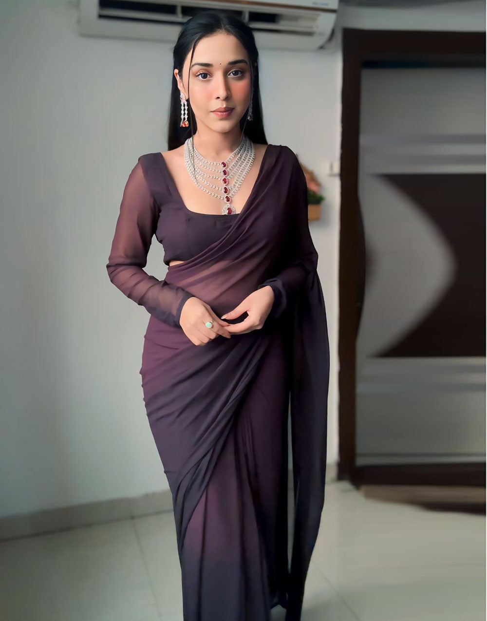 Dark Brown Georgette Ready To Wear Saree