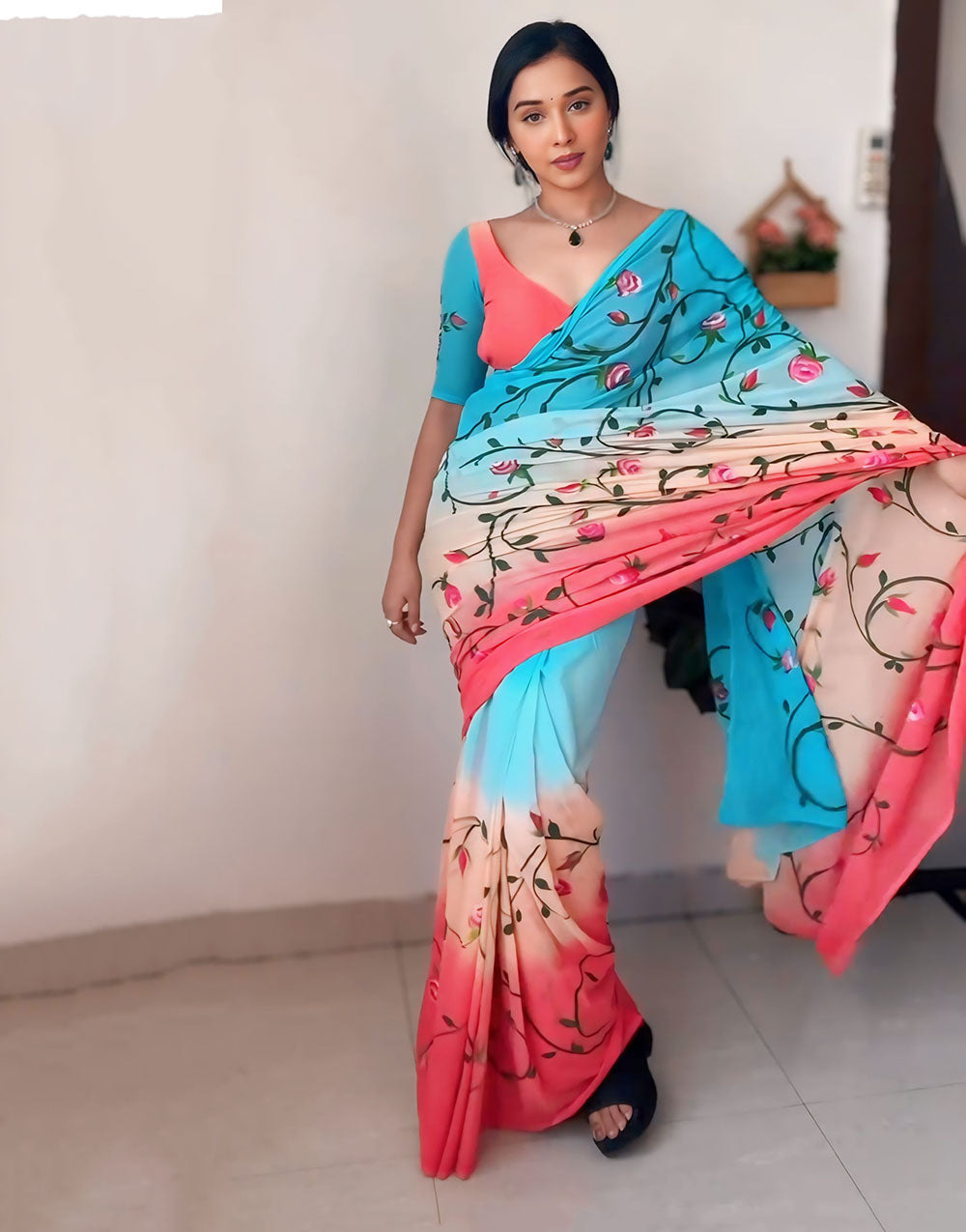 Multi-Coloured Georgette Ready To Wear Saree