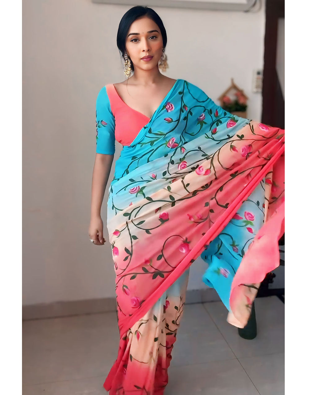 Multi-Coloured Georgette Ready To Wear Saree