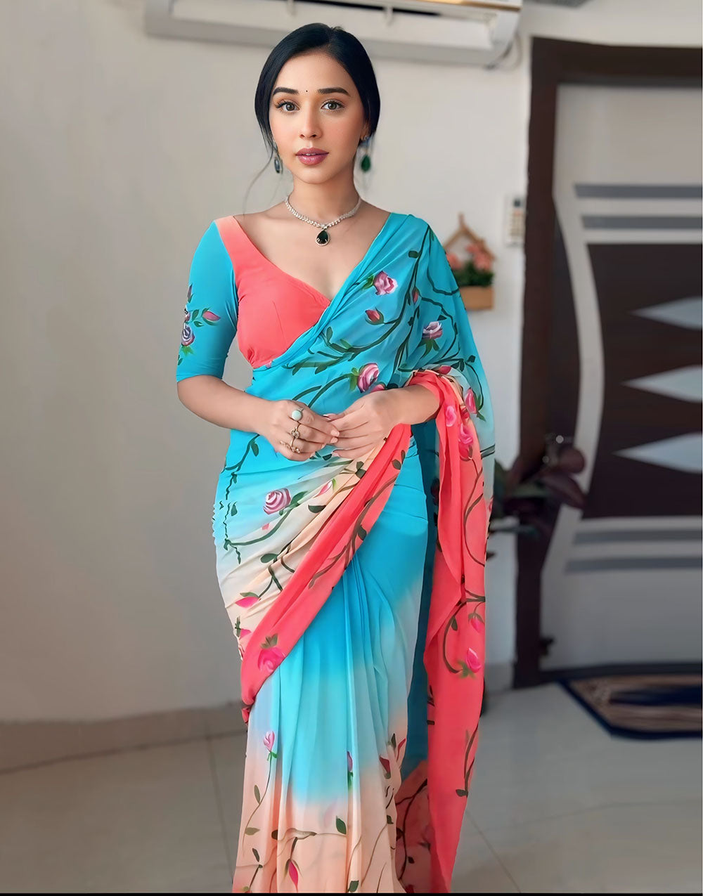 Multi-Coloured Georgette Ready To Wear Saree