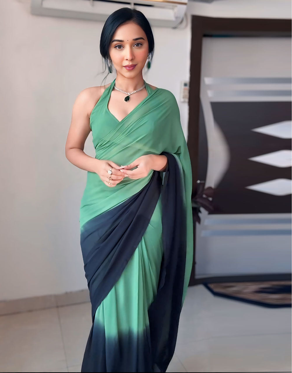 Green Georgette Ready To Wear Saree