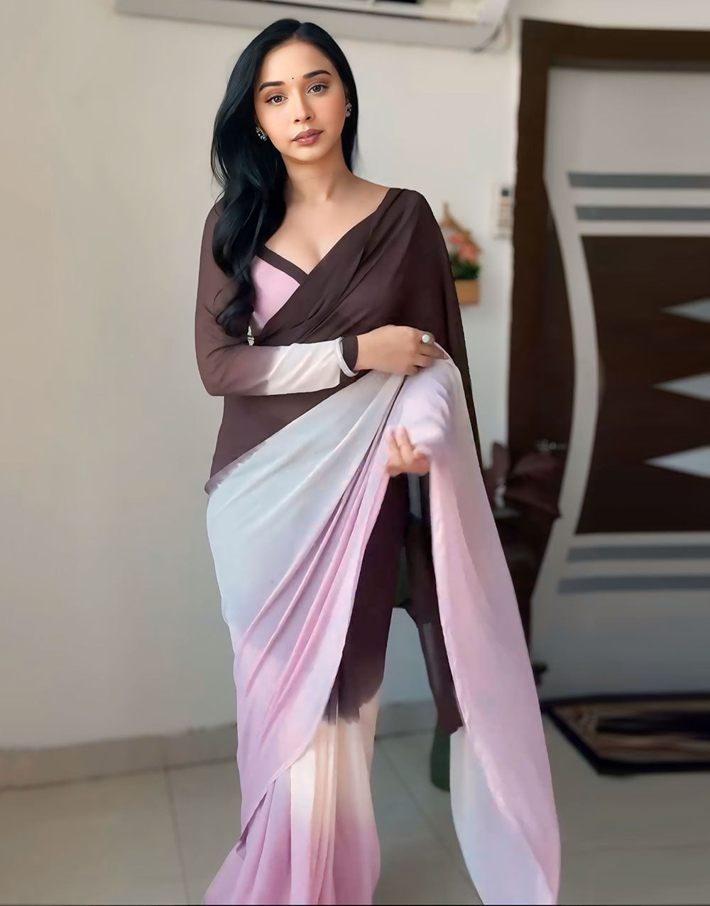 Baby Pink Georgette Ready To Wear Saree