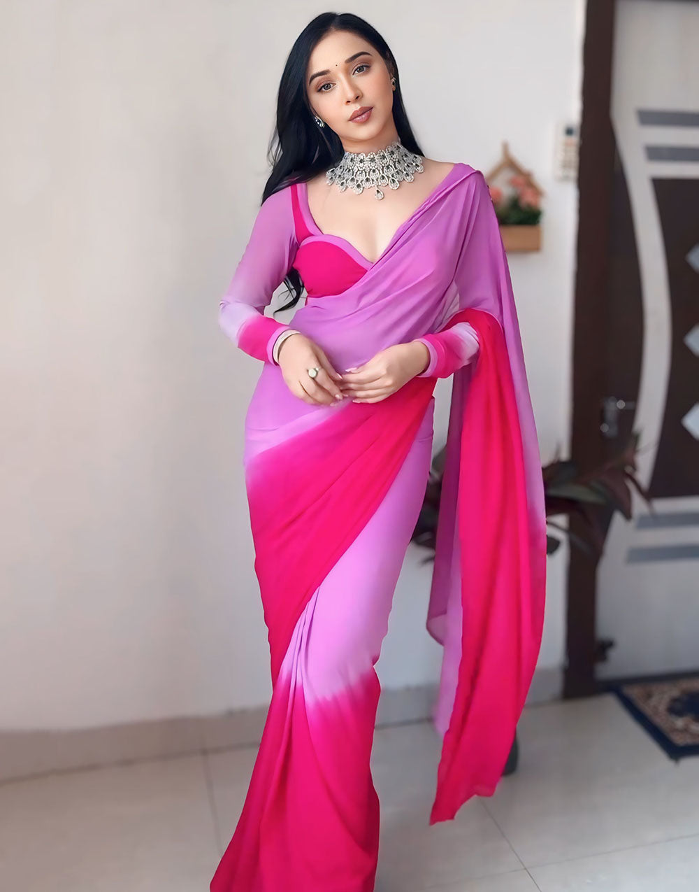 Fuchsia Pink Georgette Ready To Wear Saree