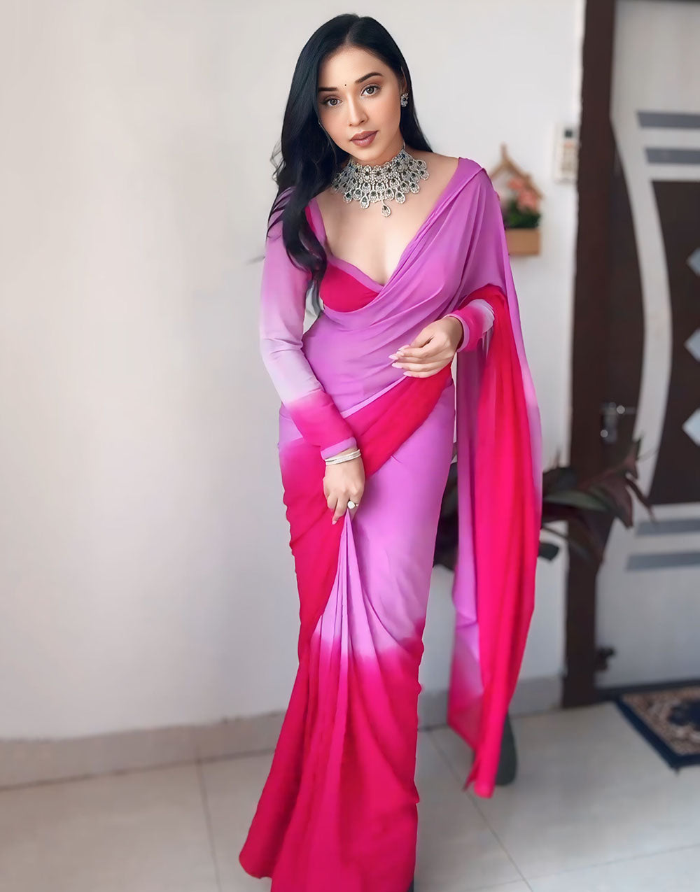 Fuchsia Pink Georgette Ready To Wear Saree