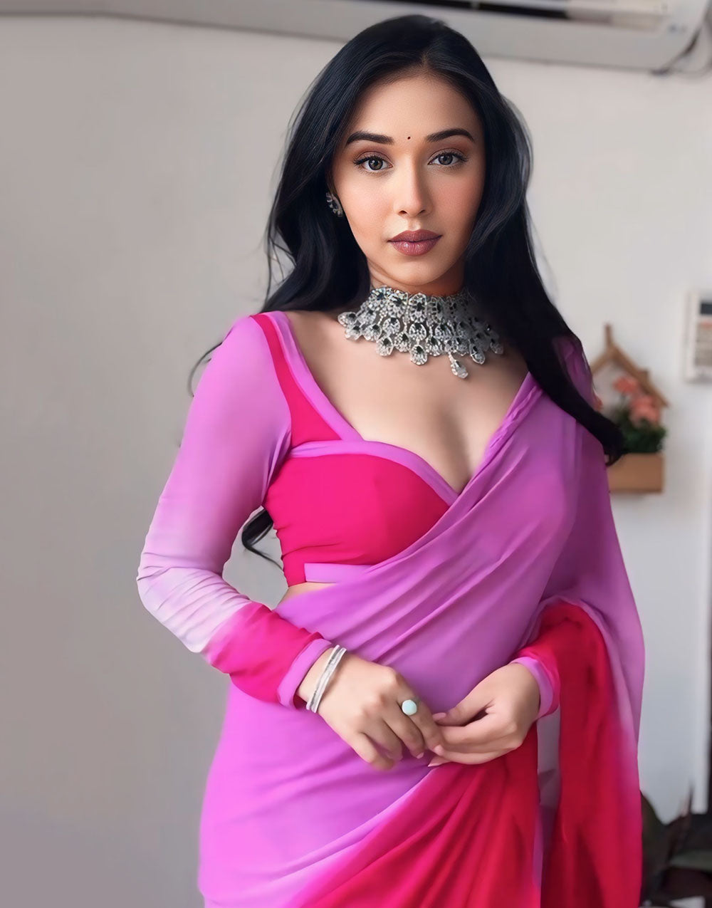 Fuchsia Pink Georgette Ready To Wear Saree