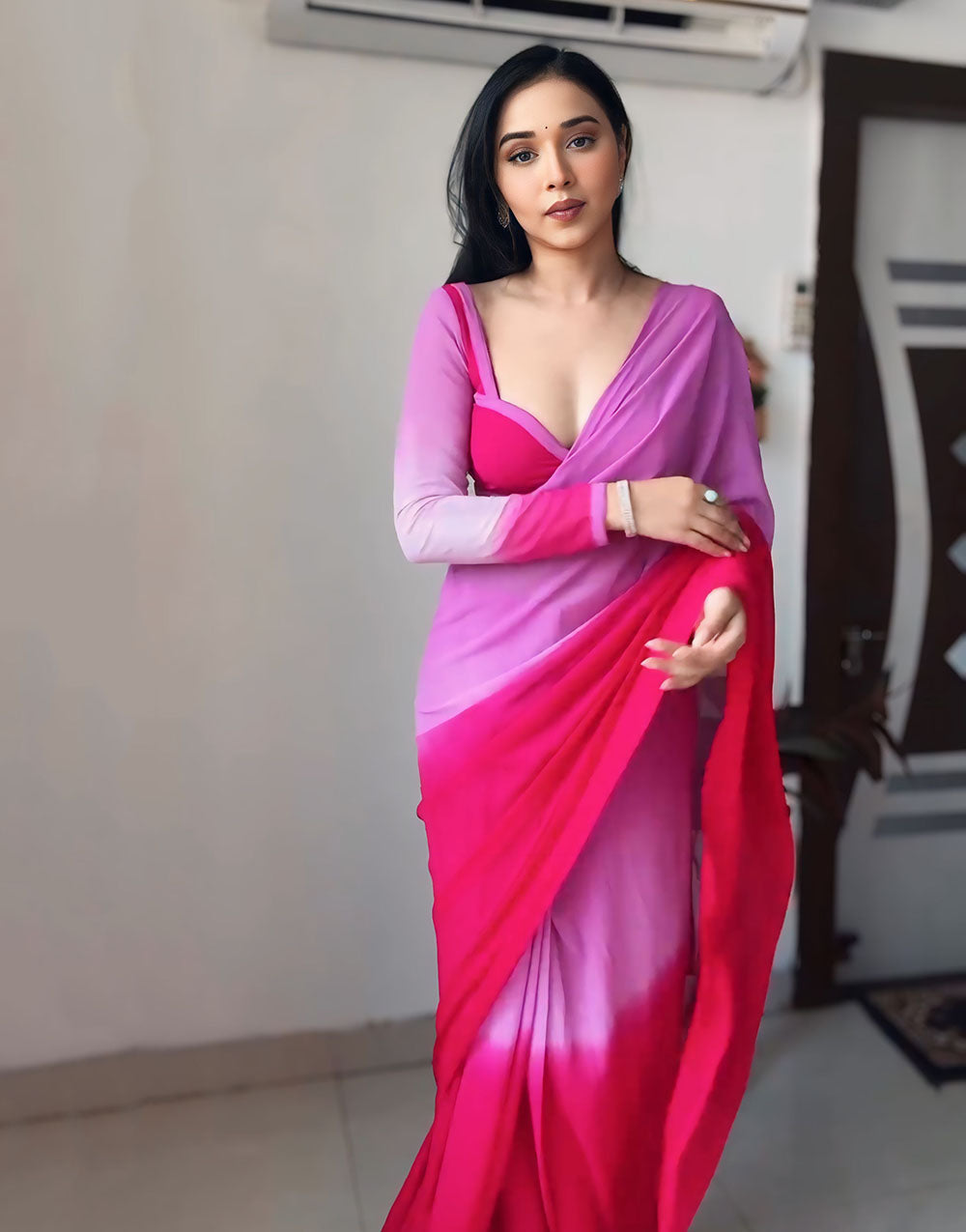 Fuchsia Pink Georgette Ready To Wear Saree