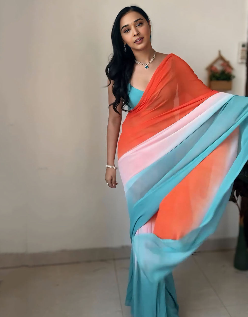 Multi Colour Georgette Ready To Wear Saree