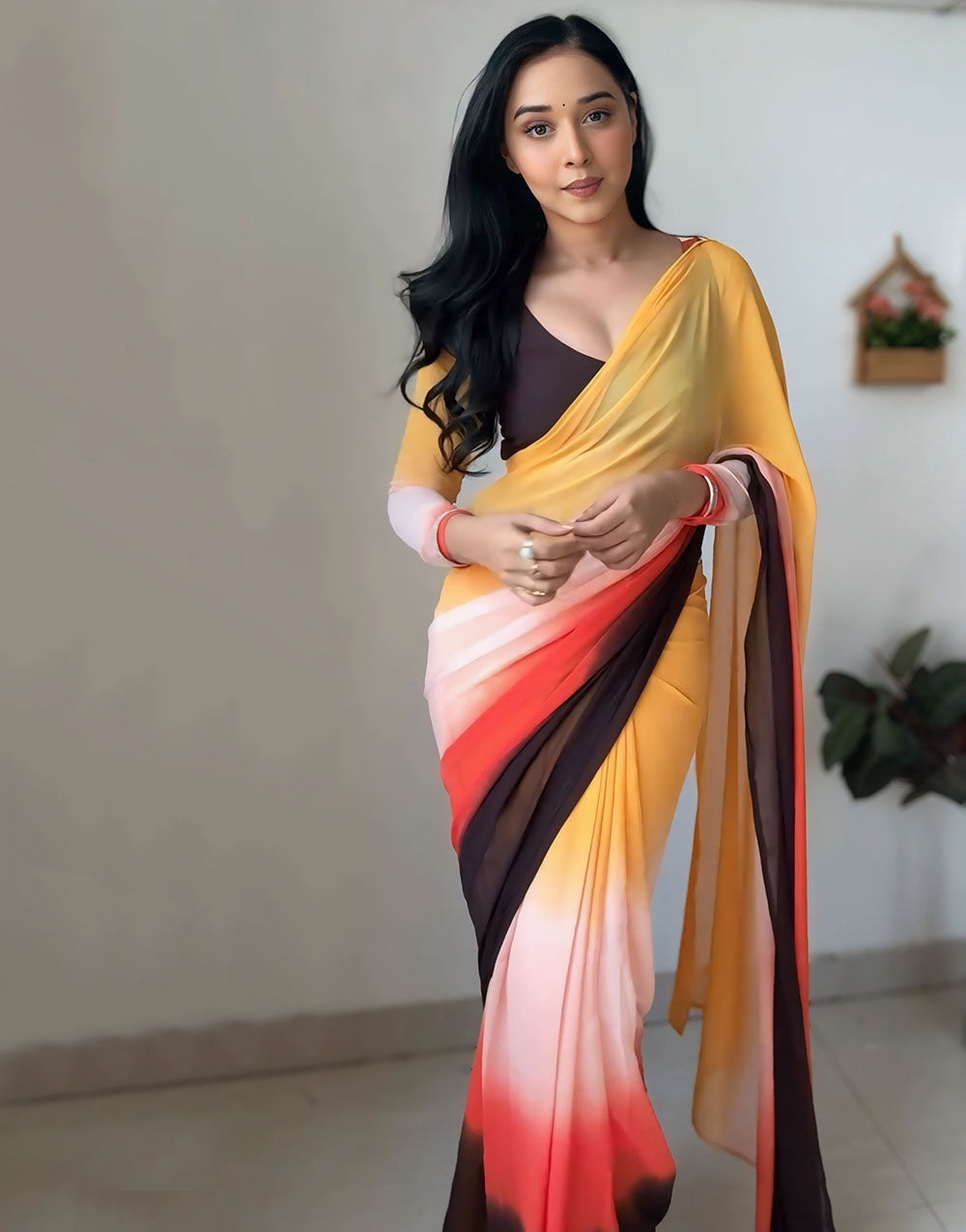 Yellow & Brown Georgette Ready To Wear Saree