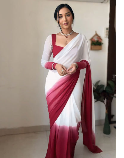 White & Maroon Georgette Ready To Wear Saree