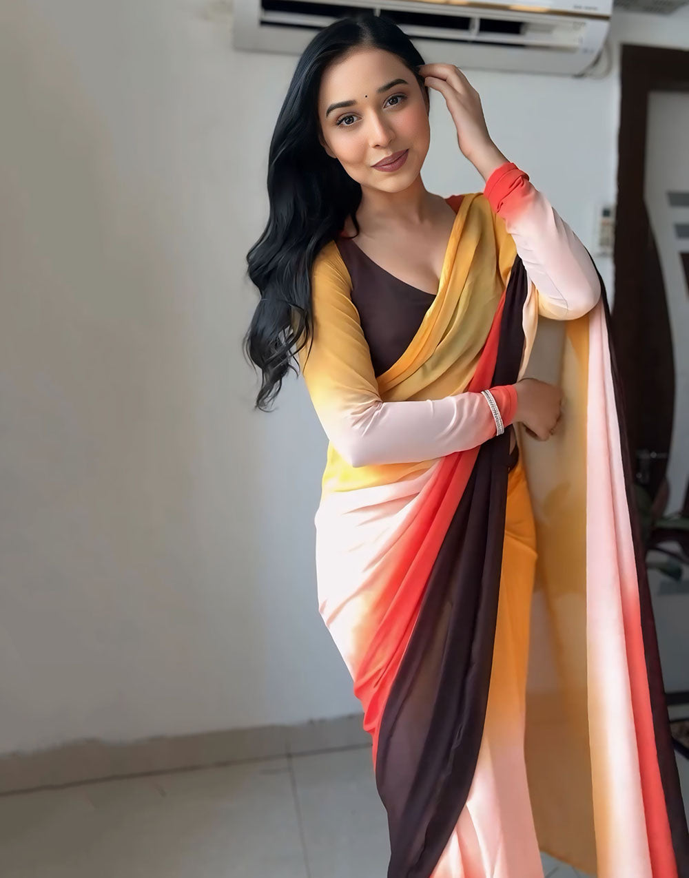 Yellow & Brown Georgette Ready To Wear Saree