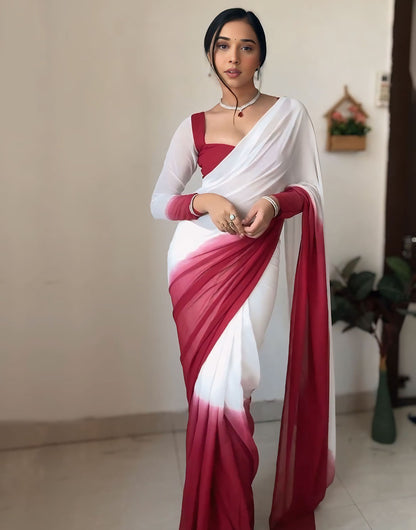 White & Maroon Georgette Ready To Wear Saree