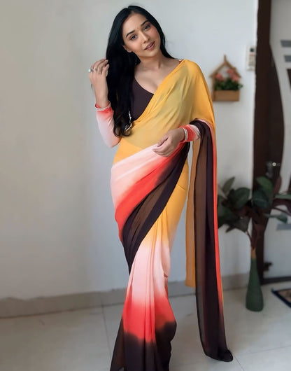 Yellow & Brown Georgette Ready To Wear Saree