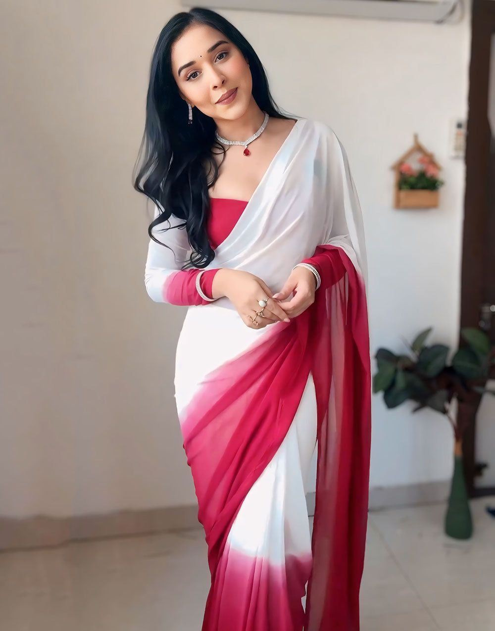 White & Maroon Georgette Ready To Wear Saree