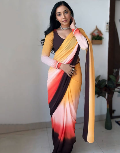 Yellow & Brown Georgette Ready To Wear Saree