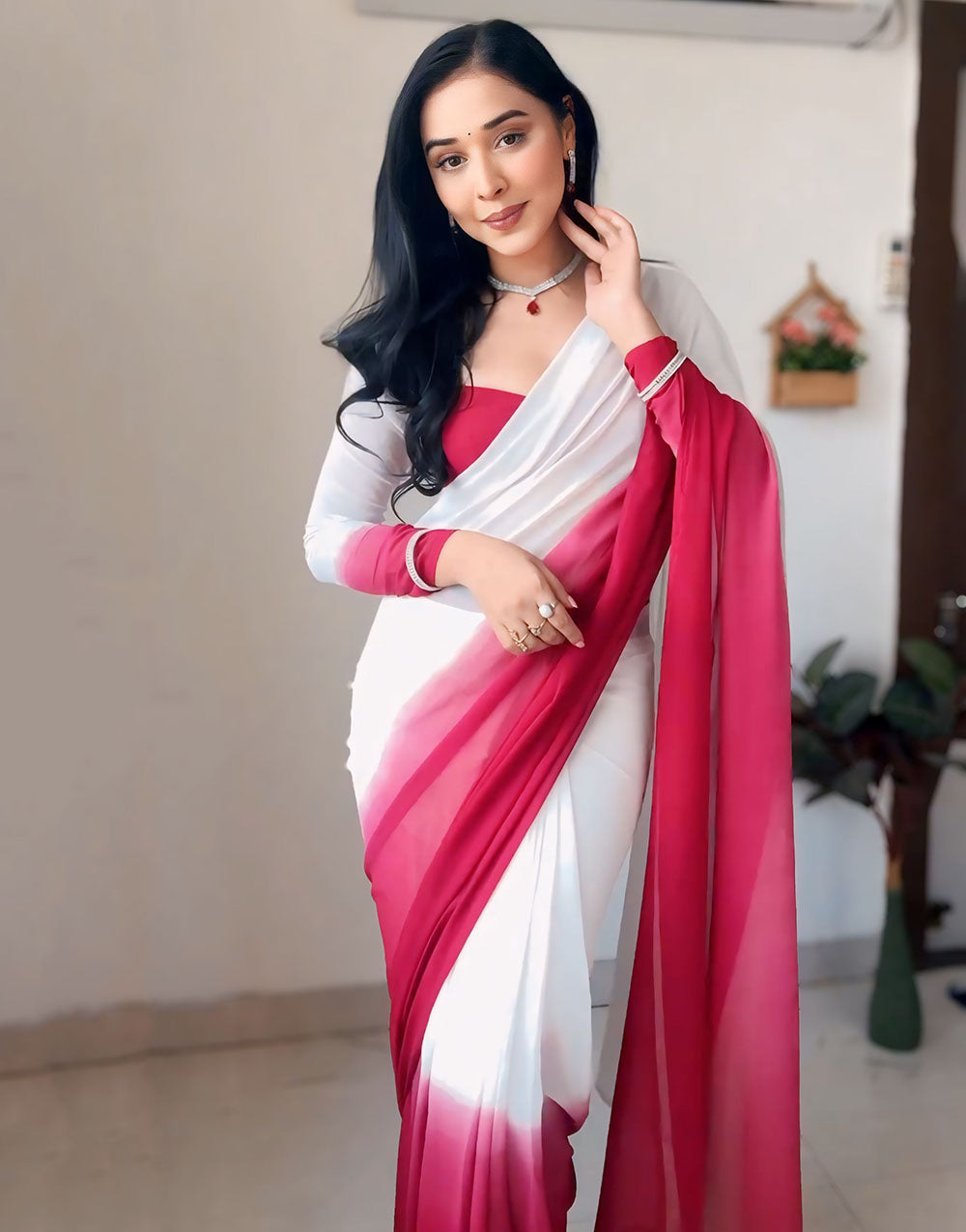 White & Maroon Georgette Ready To Wear Saree