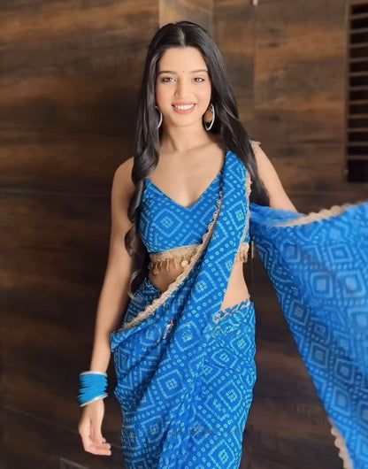 Blue Georgette Bandhani Printed Ready To Wear saree