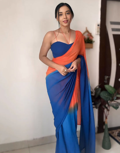 Blue & Orange Georgette Ready To Wear Saree