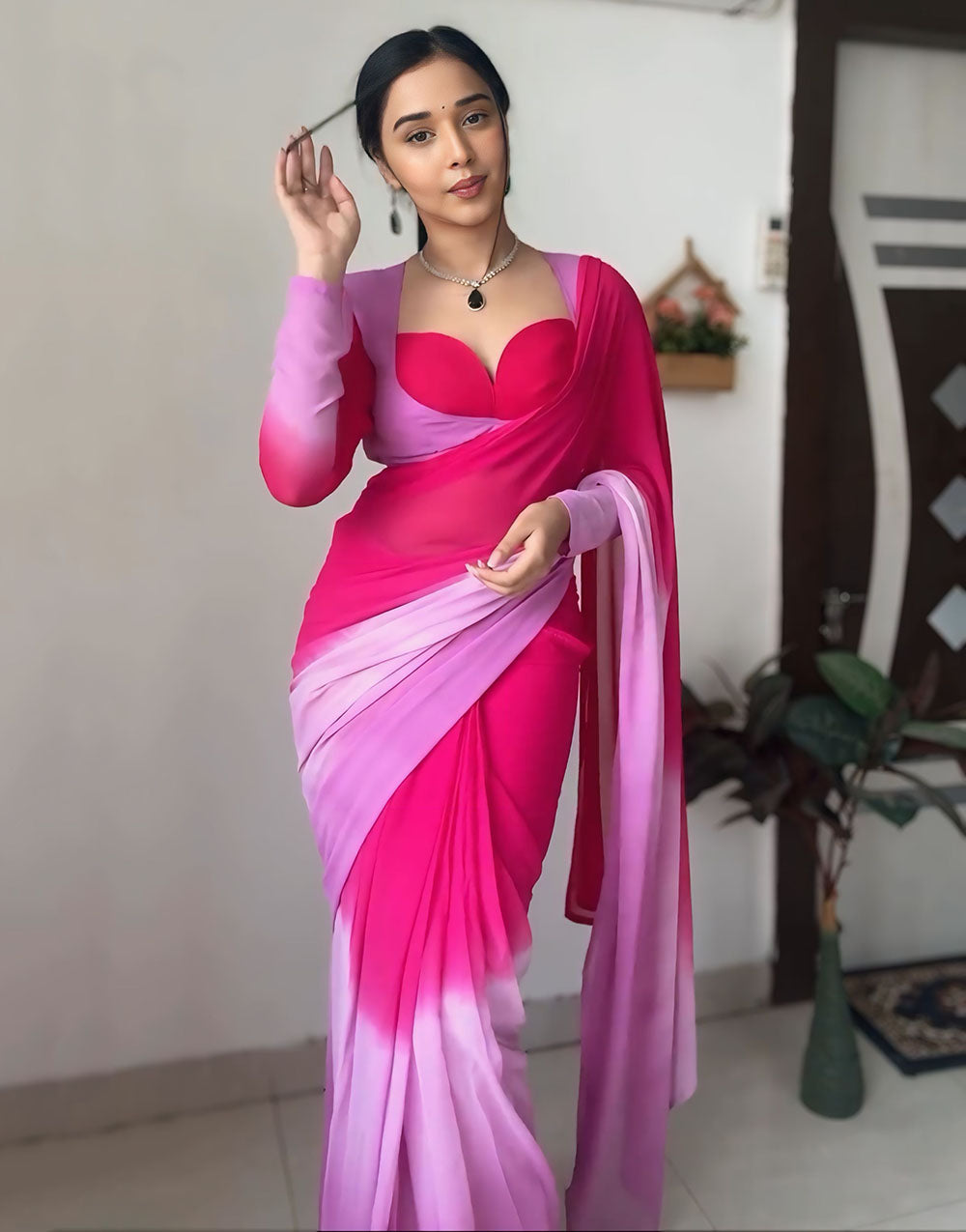 Pink Georgette Ready To Wear Saree