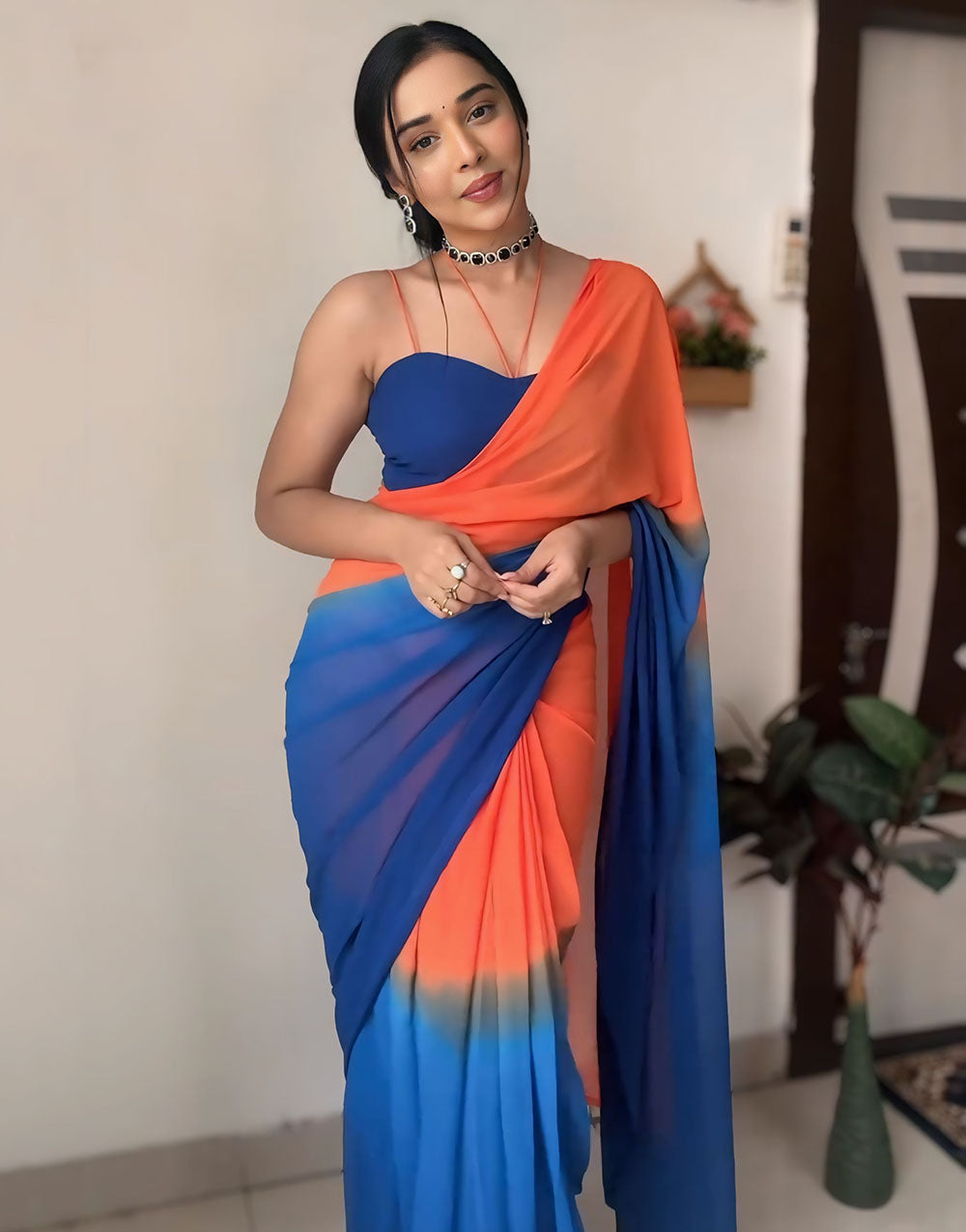 Blue & Orange Georgette Ready To Wear Saree