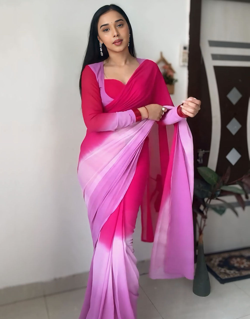 Pink Georgette Ready To Wear Saree