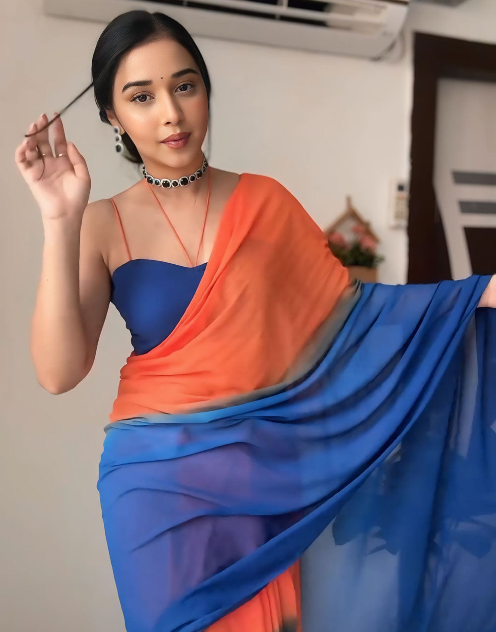 Blue & Orange Georgette Ready To Wear Saree