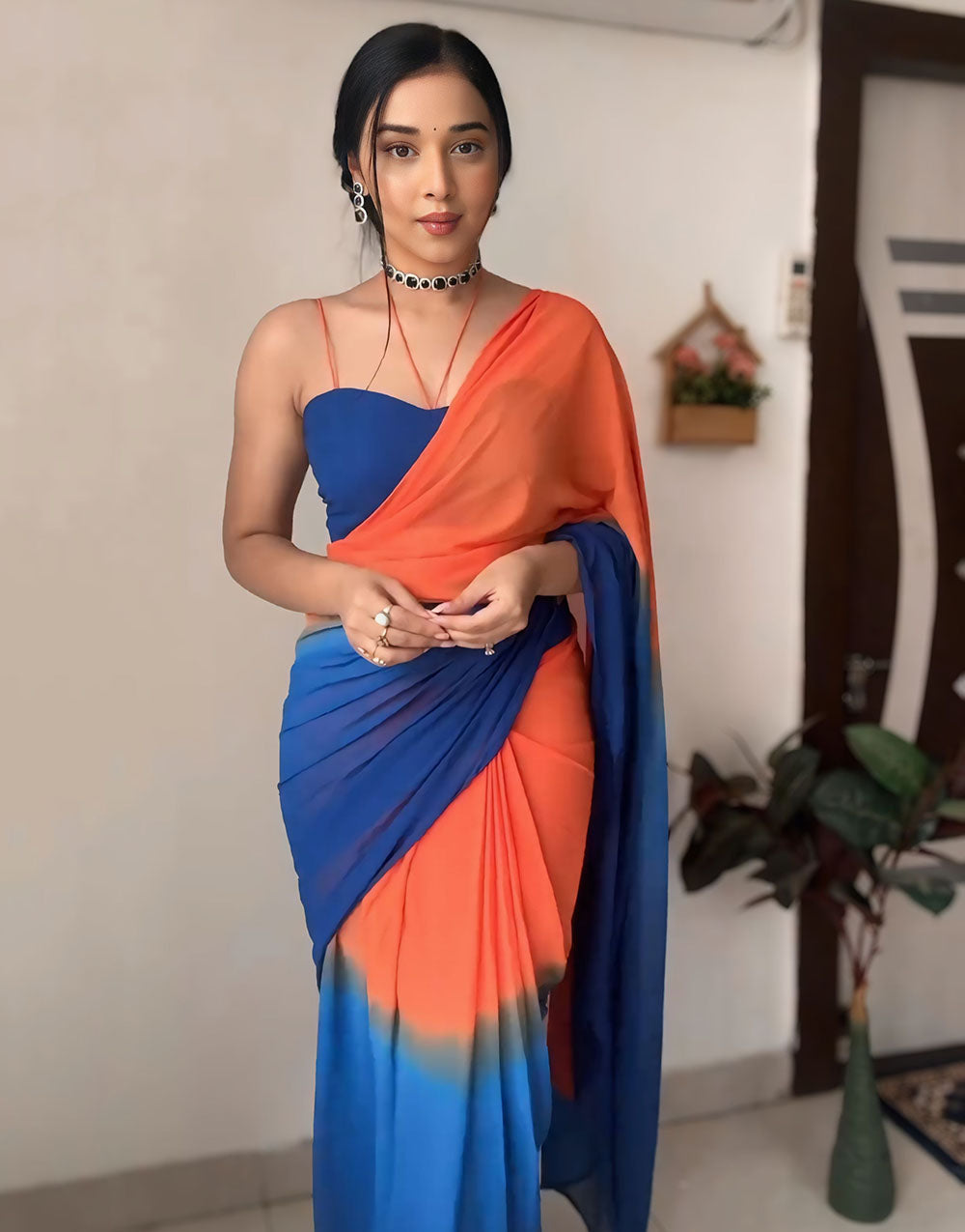 Blue & Orange Georgette Ready To Wear Saree