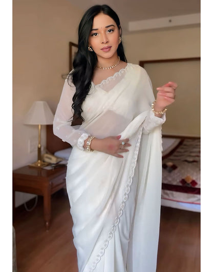 White Georgette Ready to Wear Saree With Handwork Border