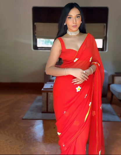 Scarlet Red Georgette Ready To Wear Saree With Printed Work