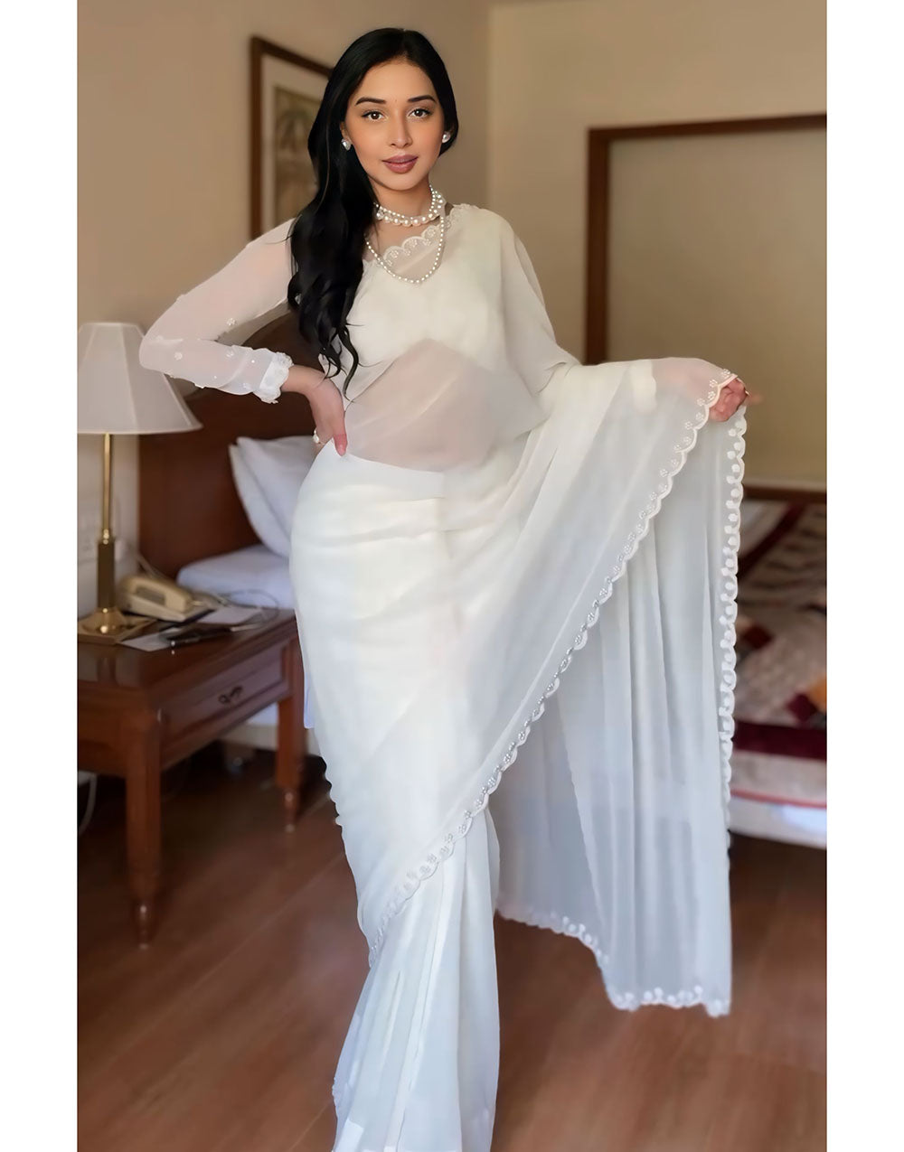 White Georgette Ready to Wear Saree With Handwork Border