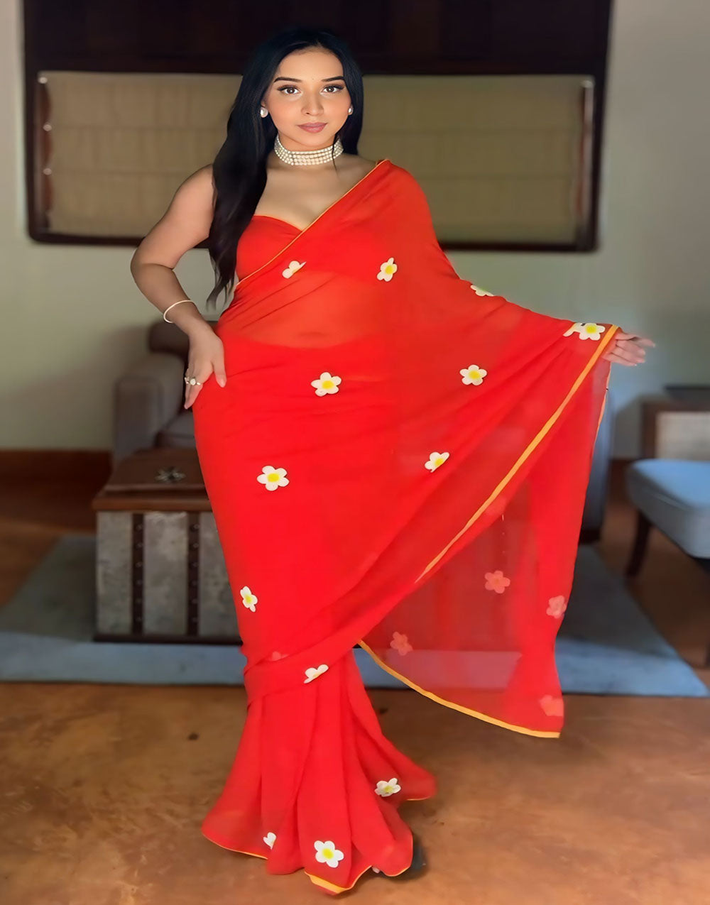 Scarlet Red Georgette Ready To Wear Saree With Printed Work