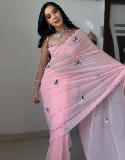 Baby Pink Soft Georgette Ready To Wear Saree With Printed Work