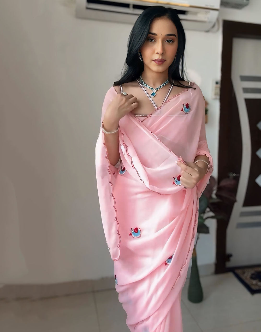 Baby Pink Soft Georgette Ready To Wear Saree With Printed Work