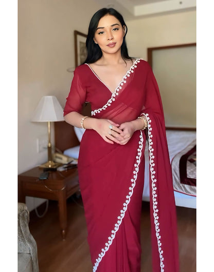 Maroon Georgette Ready to Wear Saree With Handwork Border