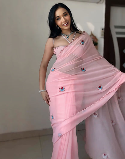 Baby Pink Soft Georgette Ready To Wear Saree With Printed Work