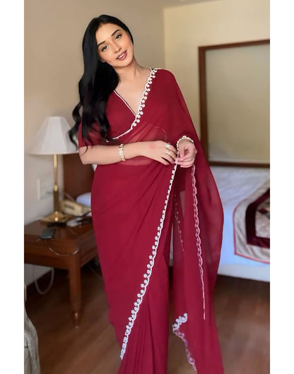 Maroon Georgette Ready to Wear Saree With Handwork Border