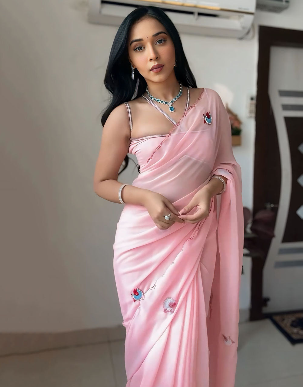 Baby Pink Soft Georgette Ready To Wear Saree With Printed Work