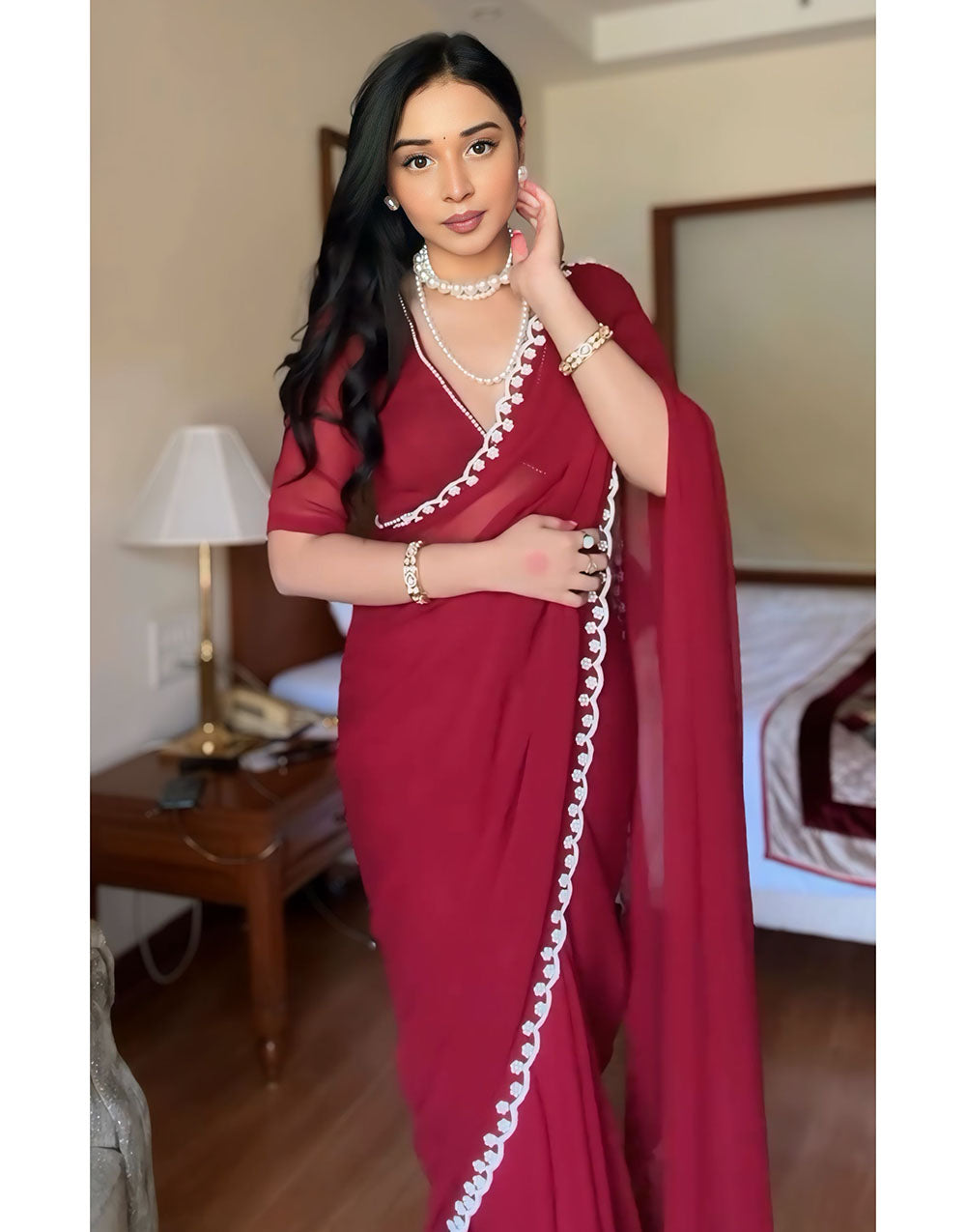 Maroon Georgette Ready to Wear Saree With Handwork Border