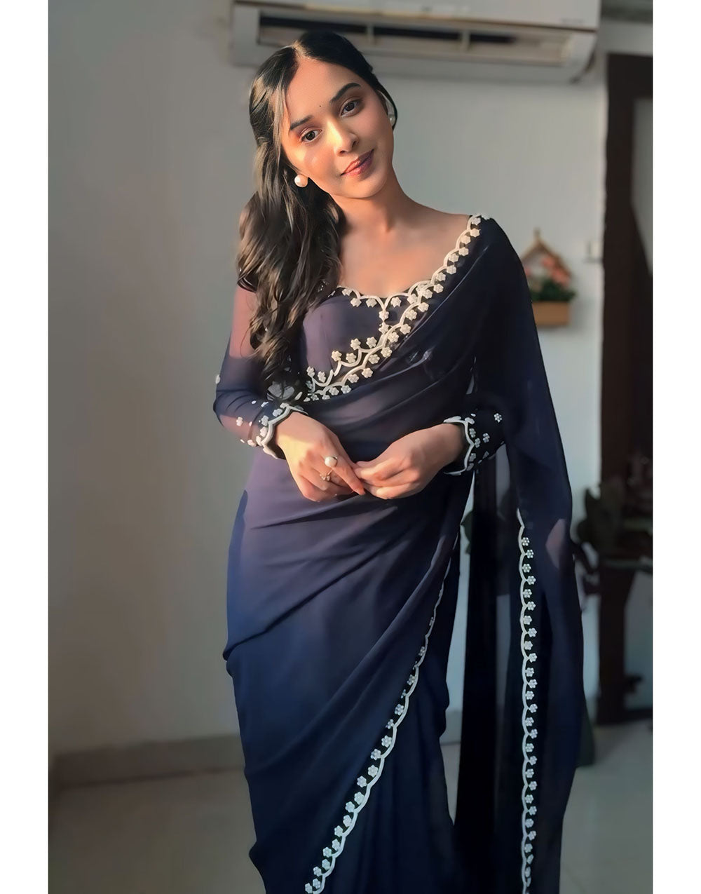 Navy Blue Georgette Ready to Wear Saree With Handwork Border