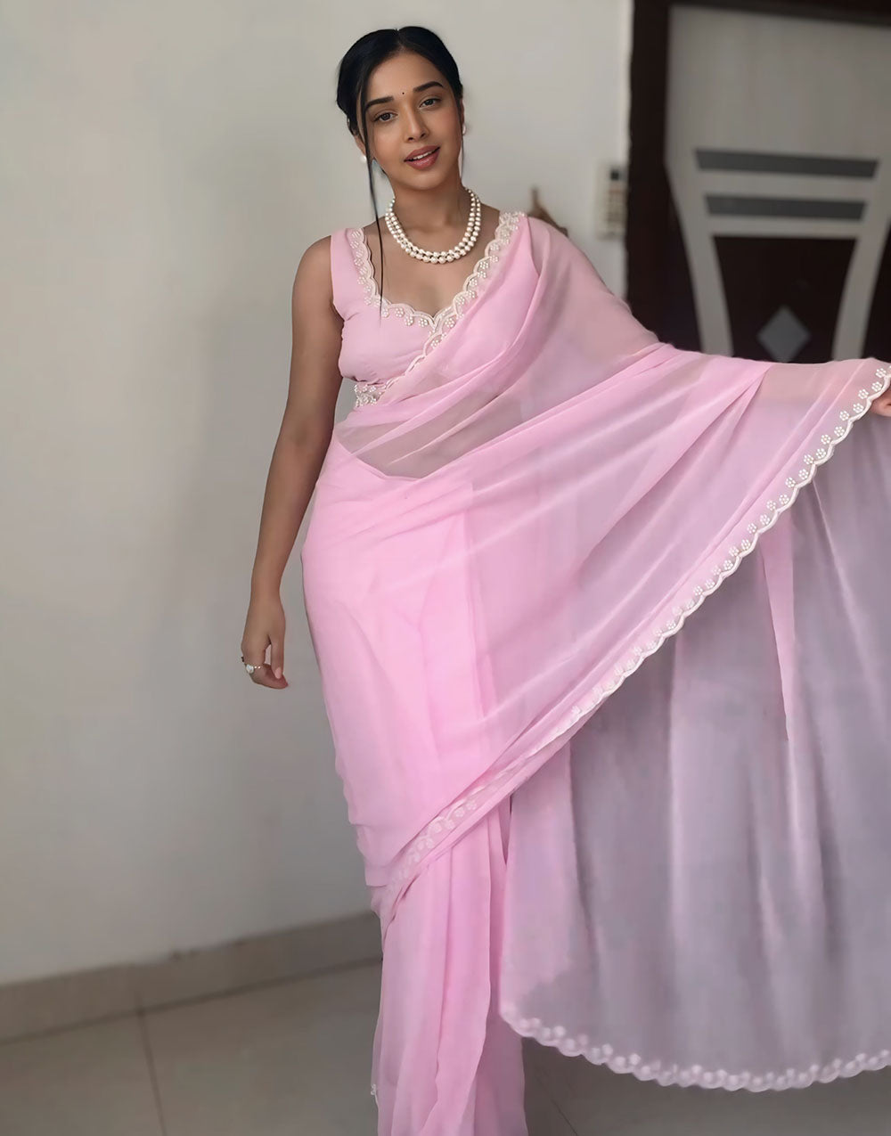 Baby Pink Georgette Ready to Wear Saree With Handwork Border