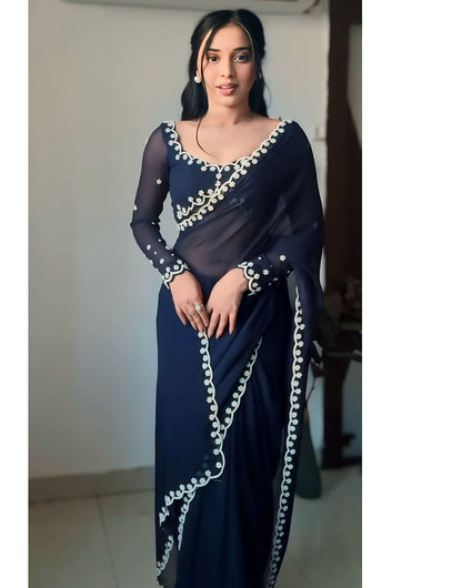 Navy Blue Georgette Ready to Wear Saree With Handwork Border