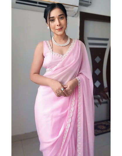 Baby Pink Georgette Ready to Wear Saree With Handwork Border