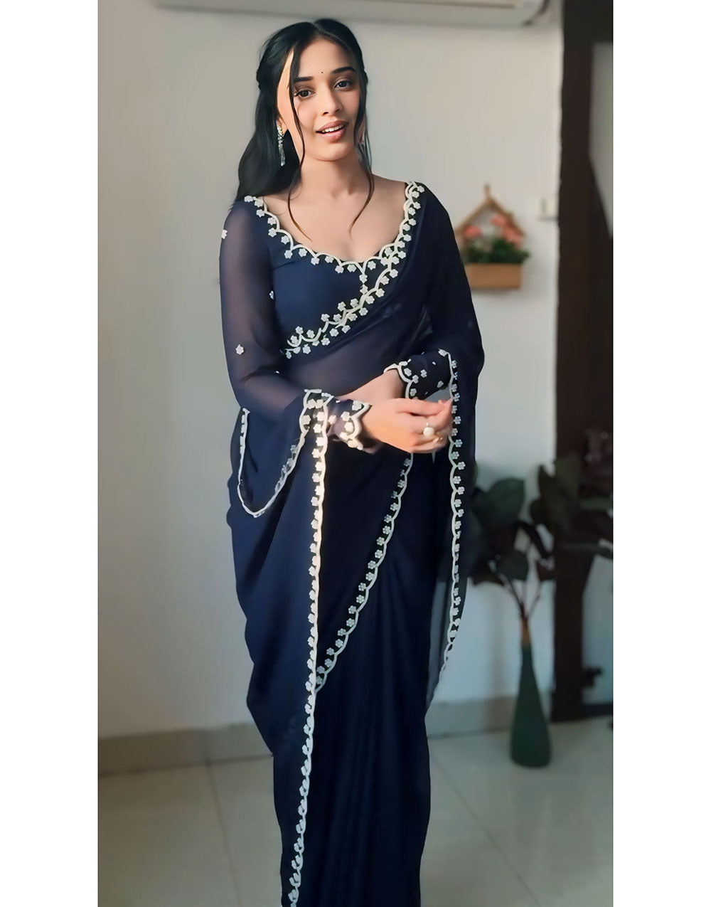 Navy Blue Georgette Ready to Wear Saree With Handwork Border