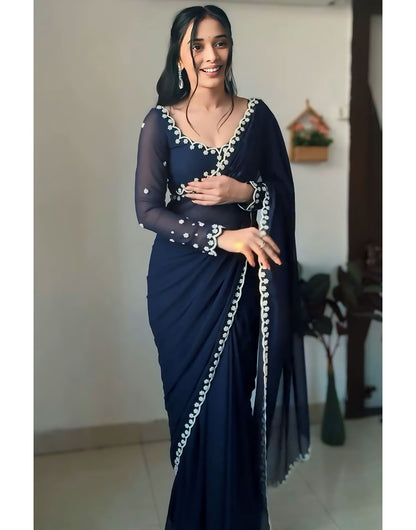 Navy Blue Georgette Ready to Wear Saree With Handwork Border