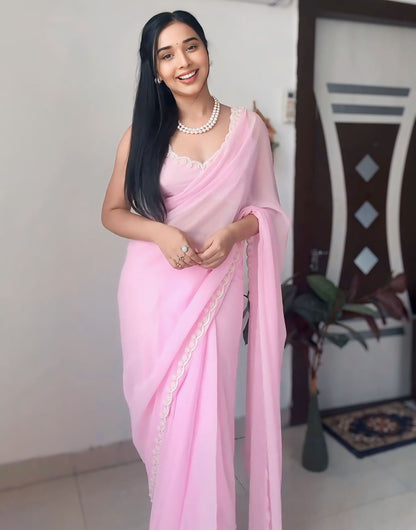 Baby Pink Georgette Ready to Wear Saree With Handwork Border